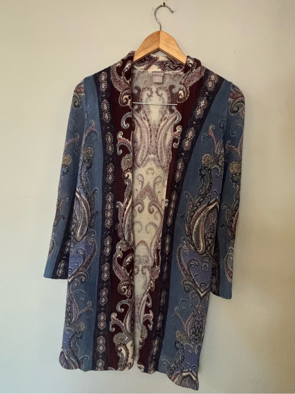 Chico's Paisley Open-Front Cardigan in Blue and Burgundy